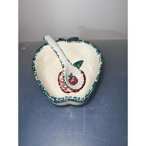 Ceramic Apple Bowl w/Spoon Condiment Serving Dish Spongeware Green & Red
